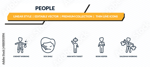 people icons set - chemist working, sick smile, man with target, book keeper, salesman working outline vector collection.