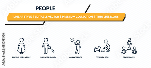 people icons set - playing with a rope, man with big key, man with idea, feeding a dog, team success outline vector collection.