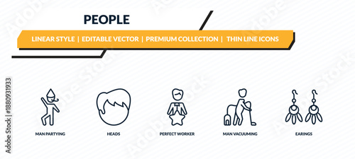 people icons set - man partying, heads, perfect worker, man vacuuming, earings outline vector collection.