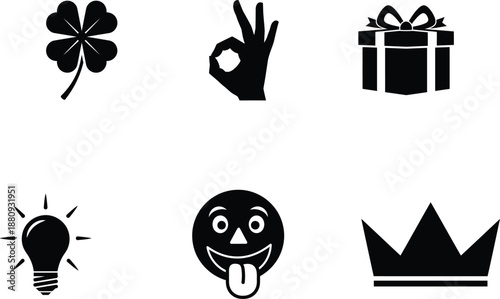 Black icons on white background including clover hand gift lightbulb smiley face crown