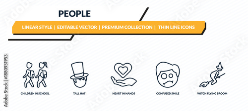 people icons set - children in school, tall hat, heart in hands, confused smile, witch flying broom outline vector collection.