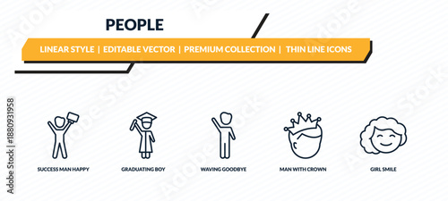 people icons set - success man happy, graduating boy, waving goodbye, man with crown, girl smile outline vector collection.
