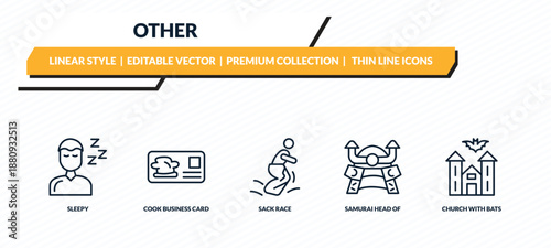 other icons set - sleepy, cook business card, sack race, samurai head of japan, church with bats outline vector collection.