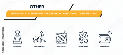other icons set - kilograms, garden work, two post it, japanese cat, smart wallet outline vector collection.