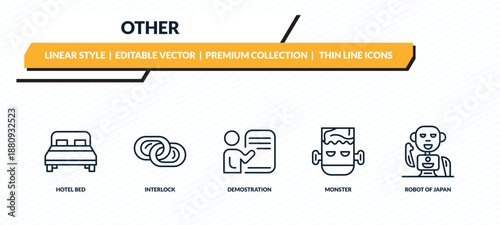 other icons set - hotel bed, interlock, demostration, monster, robot of japan outline vector collection.