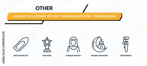 other icons set - metal paper clip, star prize, arabian woman, mosque and moon, pipe wrench outline vector collection.