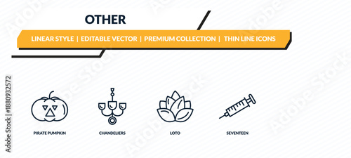 other icons set - pirate pumpkin, chandeliers, loto, seventeen, syrnge outline vector collection.