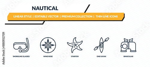 nautical icons set - snorkling glasses, wind rose, starfish, one kayak, binocular outline vector collection.