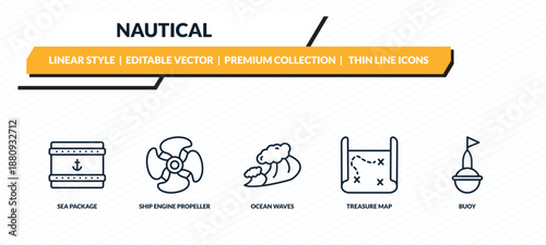 nautical icons set - sea package, ship engine propeller, ocean waves, treasure map, buoy outline vector collection.