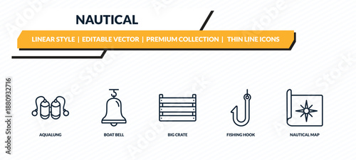 nautical icons set - aqualung, boat bell, big crate, fishing hook, nautical map outline vector collection.