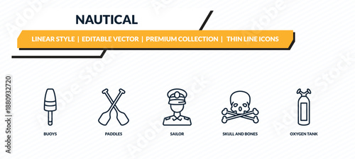 nautical icons set - buoys, paddles, sailor, skull and bones, oxygen tank outline vector collection.