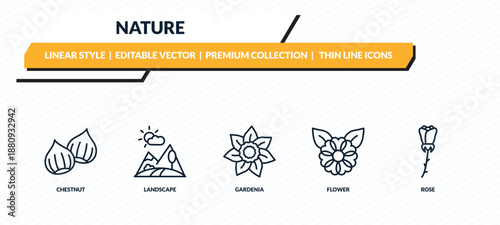 nature icons set - chestnut, landscape, gardenia, flower, rose outline vector collection.
