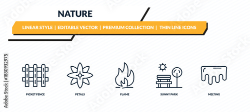 nature icons set - picket fence, petals, flame, sunny park, melting outline vector collection.