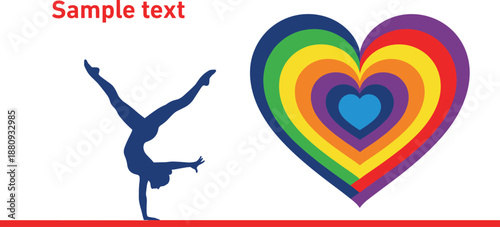 Artistic silhouette of a female gymnast performing a handstand on a red beam next to a vibrant rainbow heart symbol for inclusivity and pride.