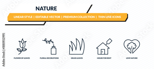 nature icons set - flower of leaves, floral decorations, grass leaves, house for rent, love nature outline vector collection.