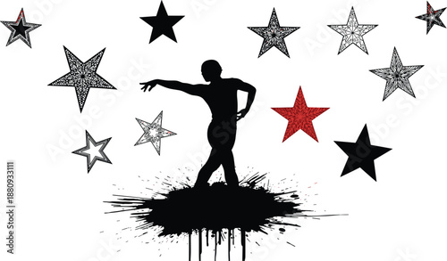 Artistic silhouette of a male ballet dancer performing among decorative stars and ink splatter background for creative performing arts concept.
