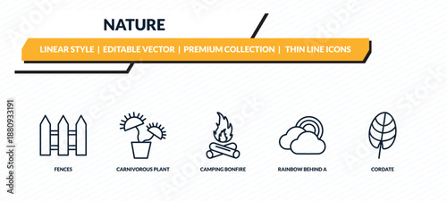 nature icons set - fences, carnivorous plant, camping bonfire, rainbow behind a cloud, cordate outline vector collection.
