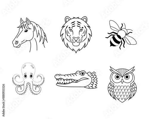 Simple Geometric Animal Outlines Featuring Tiger, Horse, Bee, Owl, Octopus, and Crocodile