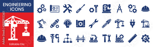 Engineering Fill Color Icon Set Gear Blueprint And Tools