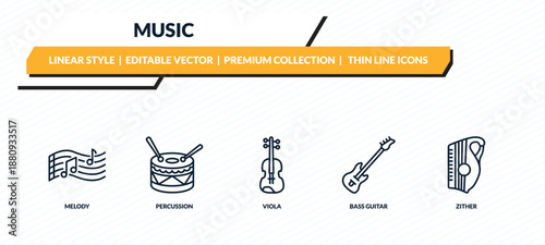 music icons set - melody, percussion, viola, bass guitar, zither outline vector collection.