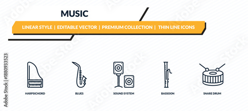 music icons set - harpsichord, blues, sound system, bassoon, snare drum outline vector collection.