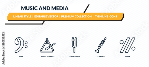music and media icons set - clef, music triangle, tuning fork, clarinet, simile outline vector collection.