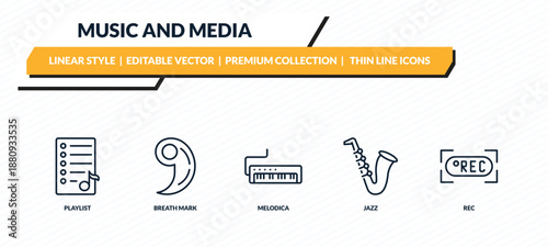 music and media icons set - playlist, breath mark, melodica, jazz, rec outline vector collection.
