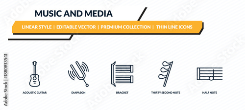 music and media icons set - acoustic guitar, diapason, bracket, thirty second note rest, half note outline vector collection.