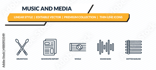 music and media icons set - drumsticks, newspaper report, whole, sound bars, dotted barline outline vector collection.