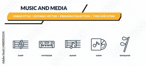 music and media icons set - sharp, synthesizer, quaver, album, semiquaver outline vector collection.