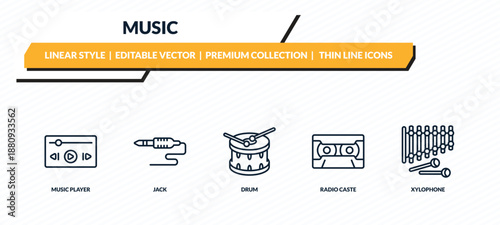 music icons set - music player, jack, drum, radio caste, xylophone outline vector collection.