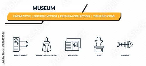 museum icons set - photographic, roman or greek helmet, postcards, bust, fishbone outline vector collection.