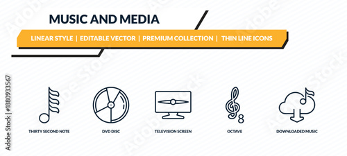 music and media icons set - thirty second note, dvd disc, television screen off, octave, downloaded music cloud outline vector collection.
