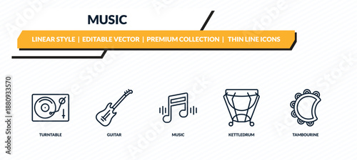 music icons set - turntable, guitar, music, kettledrum, tambourine outline vector collection.