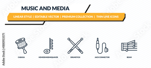music and media icons set - cabasa, hemidemisemiquaver, drumstick, jack connector, beam outline vector collection.