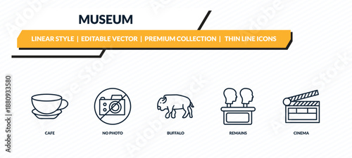 museum icons set - cafe, no photo, buffalo, remains, cinema outline vector collection.