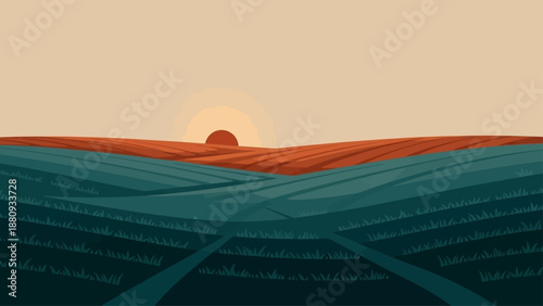Rolling hills with crops and a sunset in the background.