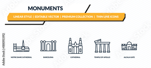 monuments icons set - notre dame cathedral, barcelona, cathedral, temple of apollo, alcala gate outline vector collection.
