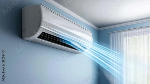 A modern air conditioner unit cools a room with blue air. It provides refreshing comfort in a clean, light interior.