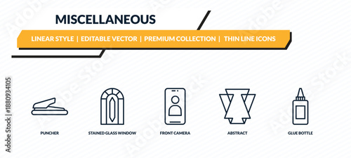 miscellaneous icons set - puncher, stained glass window, front camera, abstract, glue bottle outline vector collection.