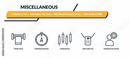 miscellaneous icons set - towel rack, compass pointing north, candlestick, army dog tag, thinking solutions outline vector collection.