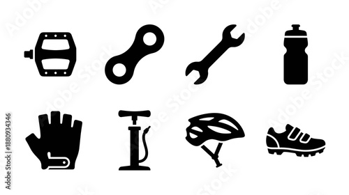 Collection of bicycle accessories and repair tools is displayed, including a pedal, chain link wrench water bottle glove air pump helmet and shoe.
