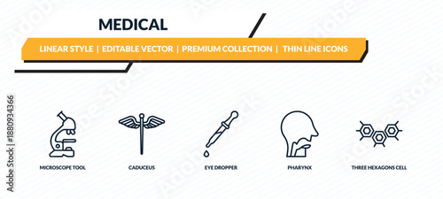 medical icons set - microscope tool, caduceus, eye dropper, pharynx, three hexagons cell outline vector collection.