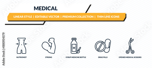 medical icons set - nutrionist, strong, syrup medicine bottle, drug pills, opened medical scissors outline vector collection.
