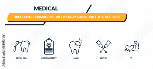 medical icons set - dental drill, medical history, caries, crutch, fit outline vector collection.