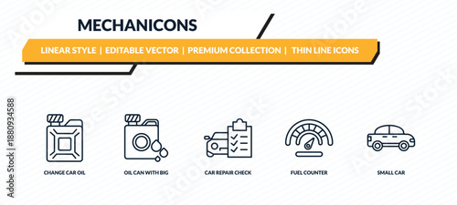 mechanicons icons set - change car oil, oil can with big drop, car repair check list, fuel counter, small car outline vector collection.