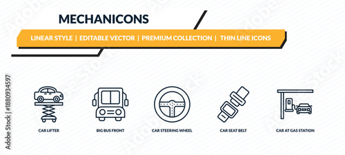 mechanicons icons set - car lifter, big bus front, car steering wheel, car seat belt, at gas station outline vector collection.