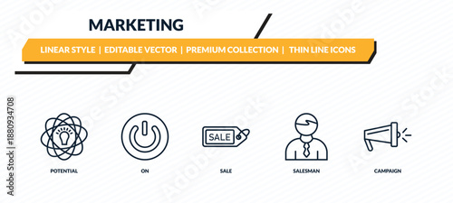 marketing icons set - potential, on, sale, salesman, campaign outline vector collection.