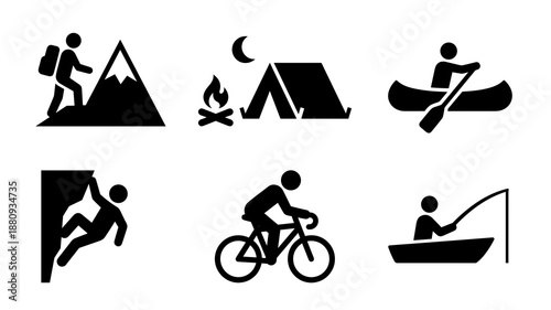 Person hikes up a mountain, another camps by a fire under a crescent moon, someone paddles a canoe a climber scales a rock face a cyclist rides a bike and a person fishes from a boat.