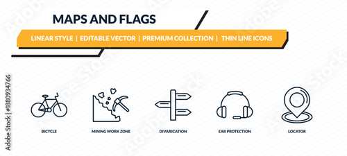 maps and flags icons set - bicycle, mining work zone, divarication, ear protection, locator outline vector collection.